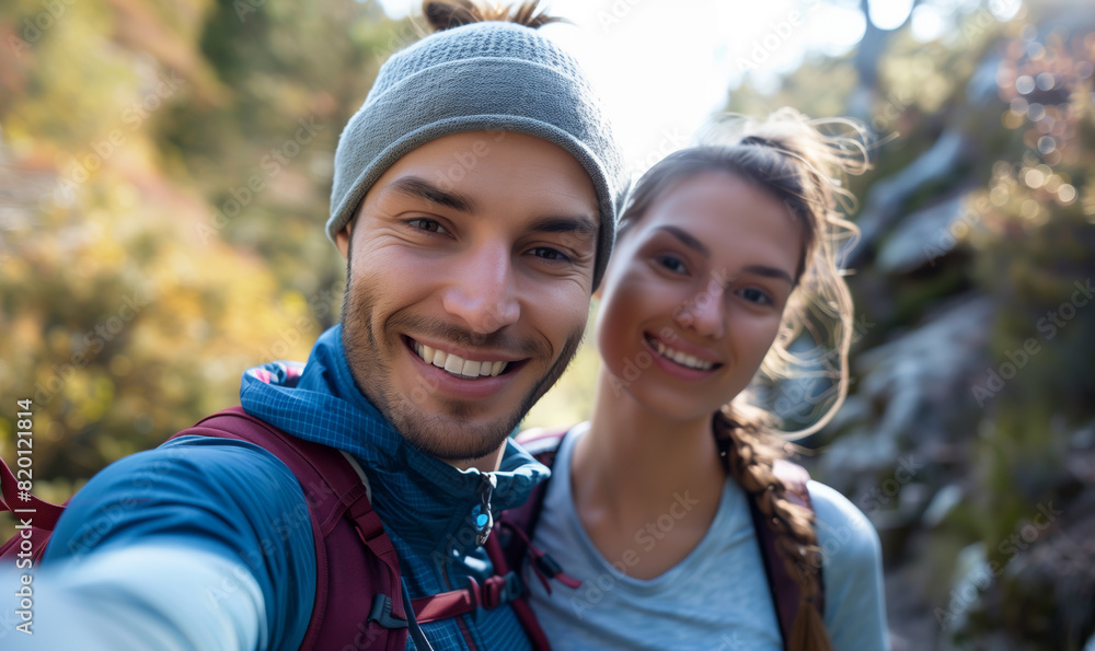 A young couple takes a selfie. Selfie against the backdrop of nature. Autumn nature in the background. A young couple takes a selfie. Selfie against the backdrop of nature. Autumn nature in the background.