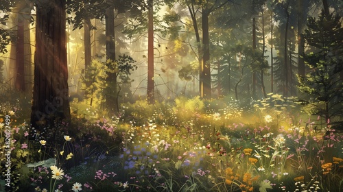 A sunlit forest scene with wildflowers peeking through the undergrowth.