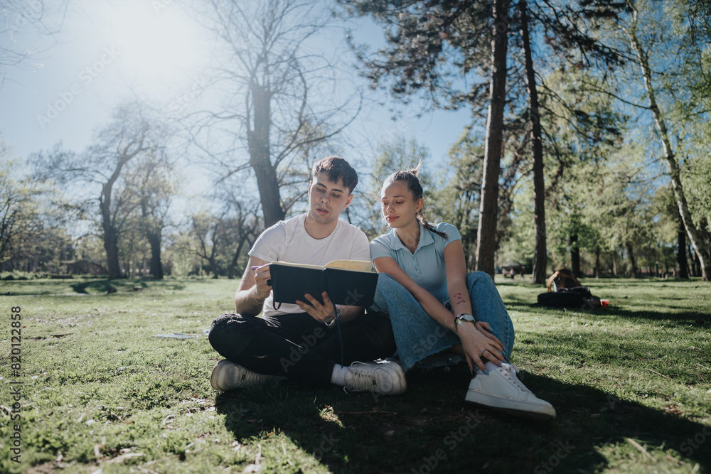 Two high school students study together outside on a grassy field, engaging in teamwork on a school project.