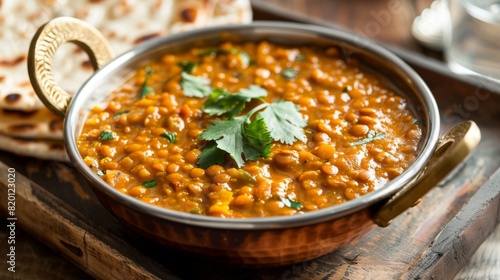 Steaming hot bowl of dal tadka, a comforting Indian lentil curry, served with roti bread and garnished with cilantro.