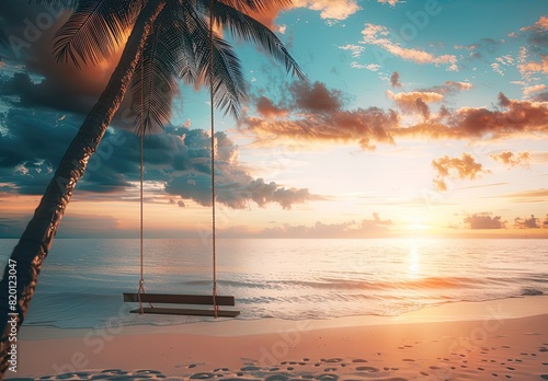 A serene tropical beach scene at sunset  featuring a palm tree with a swing  golden sand  and a tranquil ocean..