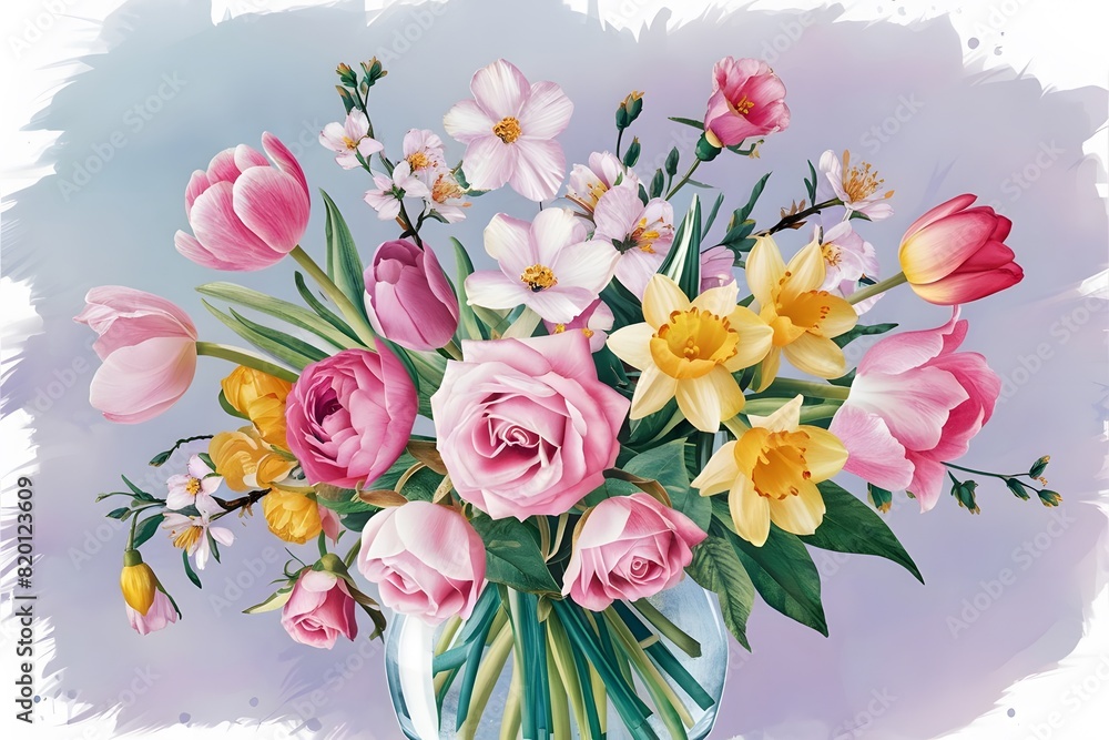 Obraz premium Bouquet of flowers, magnolia, and pink rose with green leaf, beautiful flower on a white background, watercolor illustration, botanical painting
