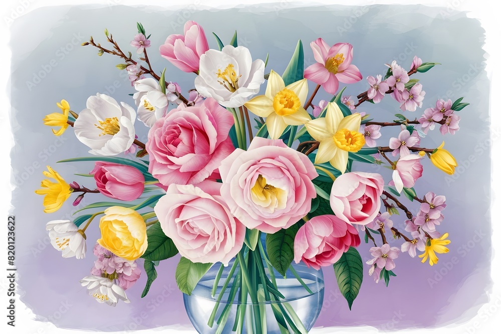 Bouquet of flowers, magnolia, and pink rose with green leaf, beautiful flower on a white background, watercolor illustration, botanical painting Bouquet of flowers, magnolia, and pink rose with green leaf, beautiful flower on a white background, watercolor illustration, botanical painting
