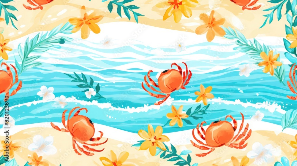 Fototapeta premium Summer banner with crabs, sand, water waves and tropical plants