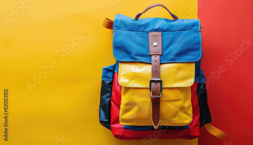 A colorful backpack with a yellow pocket sits on a blue and red background by AI generated image
