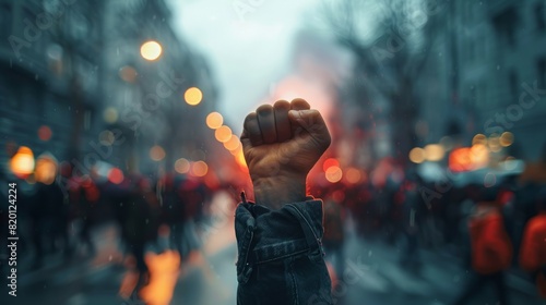 A raised fist of a protestor at a violent political demonstration photo