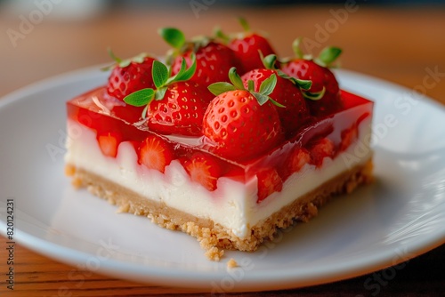 Close-up of a delectable strawberry cheesecake topped with fresh strawberries and mint  featuring a creamy layer and crumbly base...