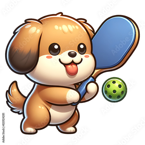 cartoon a dog playing pickleball with green ball and blue racket