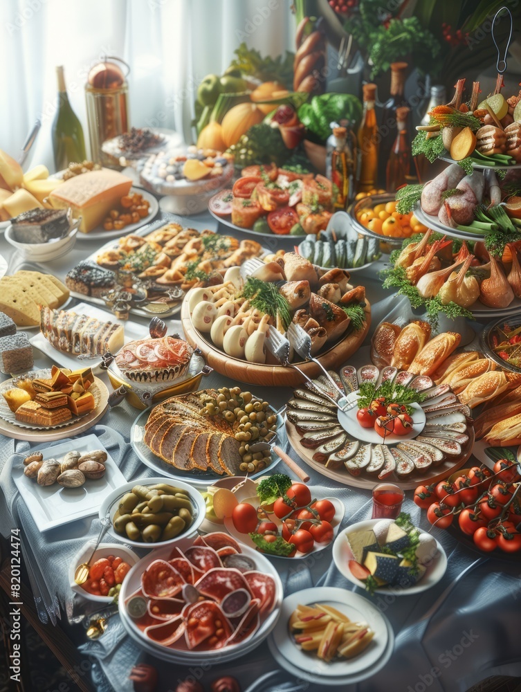 A table filled with a diverse selection of food. Perfect for illustrating a buffet, food festival, or a healthy eating concept