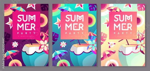 Set of Fluorescent flat summer disco party posters with summer attributes. Pina colada cocktail, tropic fruits and leaves. Vector illustration
