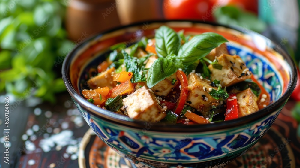 Thai basil vegetable stir-fry served in a colorful bowl, with an assortment of fresh vegetables, tofu, and aromatic basil leaves. Thai basil vegetable stir-fry served in a colorful bowl, with an assortment of fresh vegetables, tofu, and aromatic basil leaves.