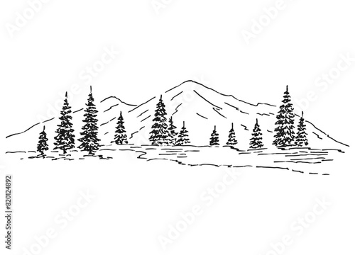 Landscape with mountains and forest. Hand drawn vector illustration.