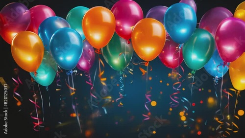 Vibrant celebration with colorful balloons and sparkling ribbons against a dark backdrop, creating a festive and joyful atmosphere. photo