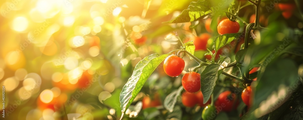Obraz premium Red chilli pepper grow on the bio farm with lot of sun, vegetables healthy food banner. Generative Ai