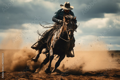 Rodeo horse. The cowboy beautifully saddled and tamed the horse in the arena. Traditional extreme sport.