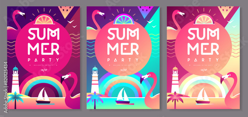 Set of Fluorescent flat summer disco party posters with flamingo, lighthouse and tropic landscape. Vector illustration