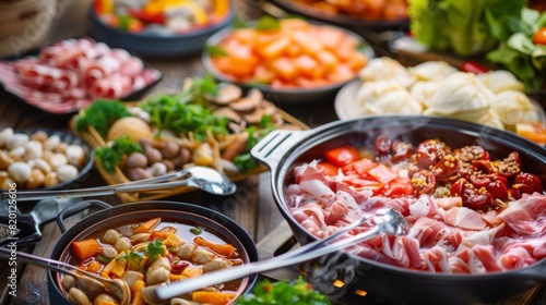 Traditional Chinese hot pot meal set up with a variety of fresh ingredients  including meats  seafood  and vegetables  ready for cooking.