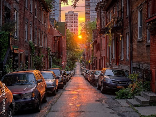 A street with cars parked on both sides of the road. The sun is setting and the sky is orange photo