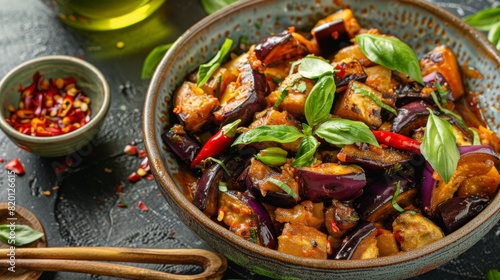 Traditional Thai basil eggplant stir-fry served in a ceramic dish, with tender eggplant slices, spicy chili peppers, and fresh basil leaves.