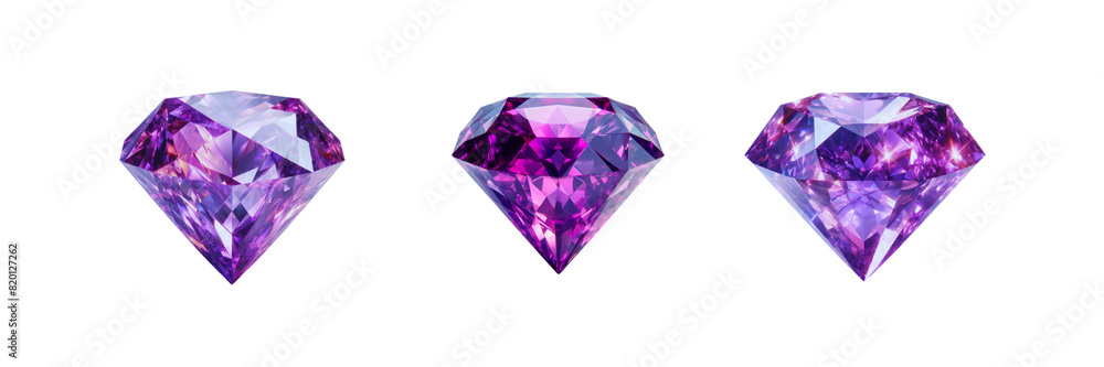 Set of three Purple color crystal diamond, isolated over on transparent white background Set of three Purple color crystal diamond, isolated over on transparent white background