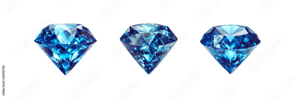 Set of three Blue color crystal diamond, isolated over on transparent white background Set of three Blue color crystal diamond, isolated over on transparent white background