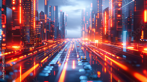 Futuristic city with neon lights. 3d rendering toned image