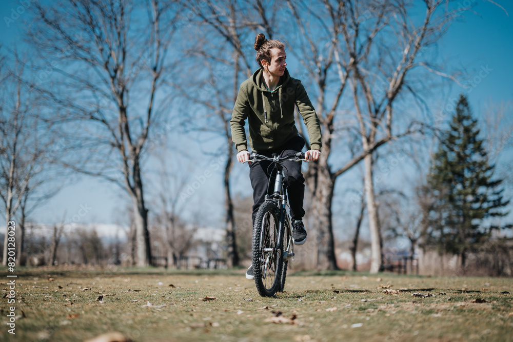 Handsome young man riding a bicycle in a park on a sunny day, enjoying his weekend outdoors in a relaxed, casual manner. Handsome young man riding a bicycle in a park on a sunny day, enjoying his weekend outdoors in a relaxed, casual manner.