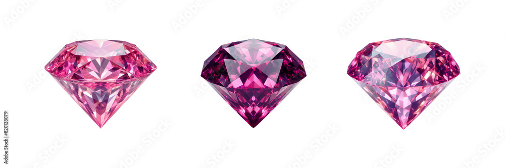 Set of three pink color crystal diamond, isolated over on transparent white background Set of three pink color crystal diamond, isolated over on transparent white background