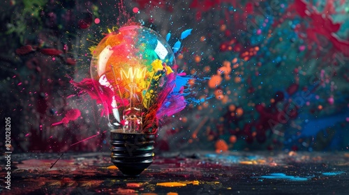 Creative light bulb explodes with colorful paint and splashes on a black background. Think differently creative idea concept photo