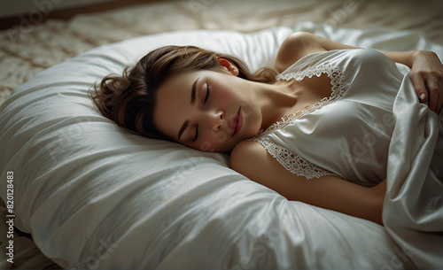 woman in a white silk  night gown is sleeping on a pillow