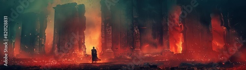 A lone figure stands in the middle of a ruined city. The sky is dark and the air is thick with smoke. The only light comes from the fires that burn in the buildings.