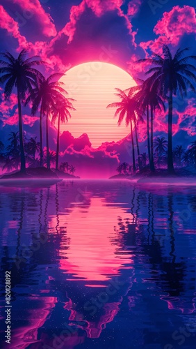 Surreal Neon Sunset Over Tropical Paradise with Palm Trees Wallpaper