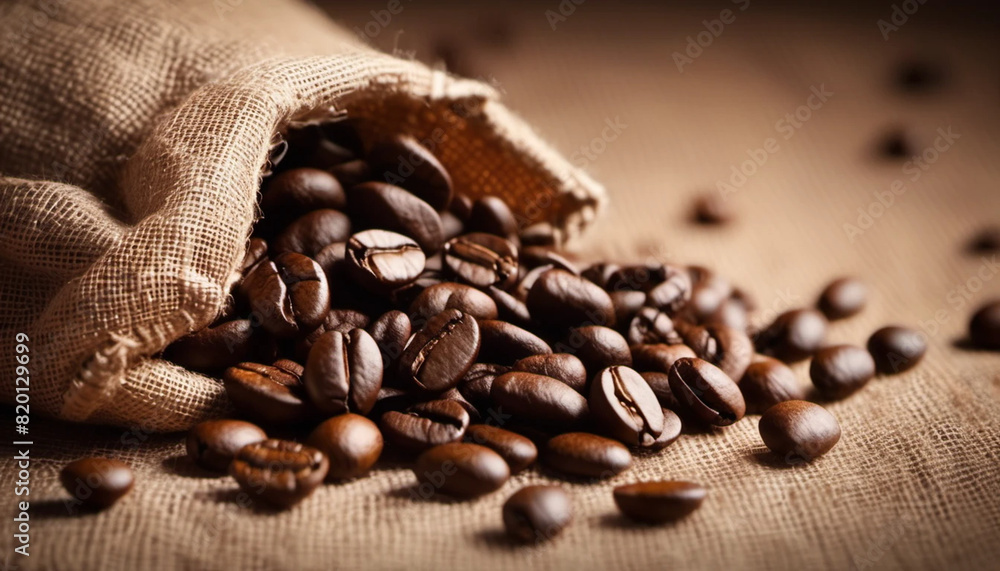 Coffee beans in linen bag. Close up. Coffee beans in linen bag. Close up.