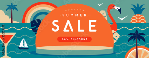 Retro flat summer big sale poster with flamingo, tropic fruits and cocktail. Vector illustration