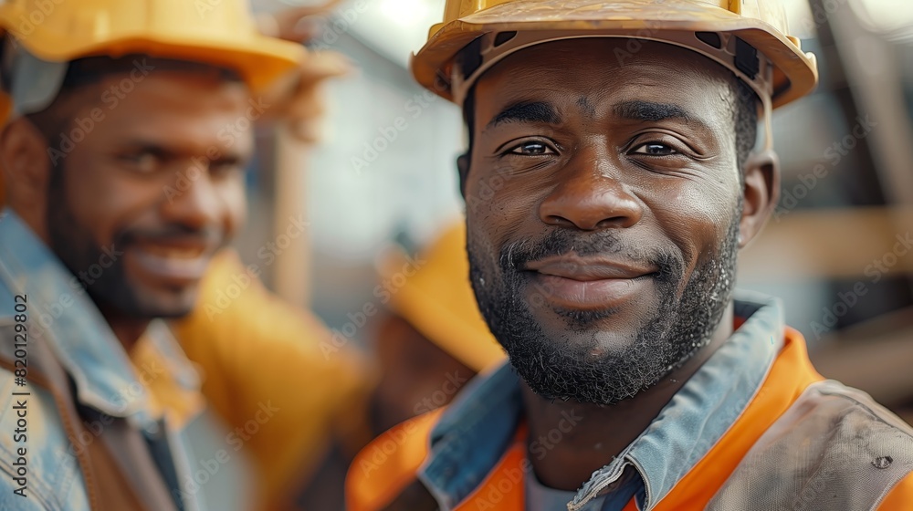 Close-up portrait of a smiling construction worker in crew style with helmet and uniform standing on a construction site Close-up portrait of a smiling construction worker in crew style with helmet and uniform standing on a construction site