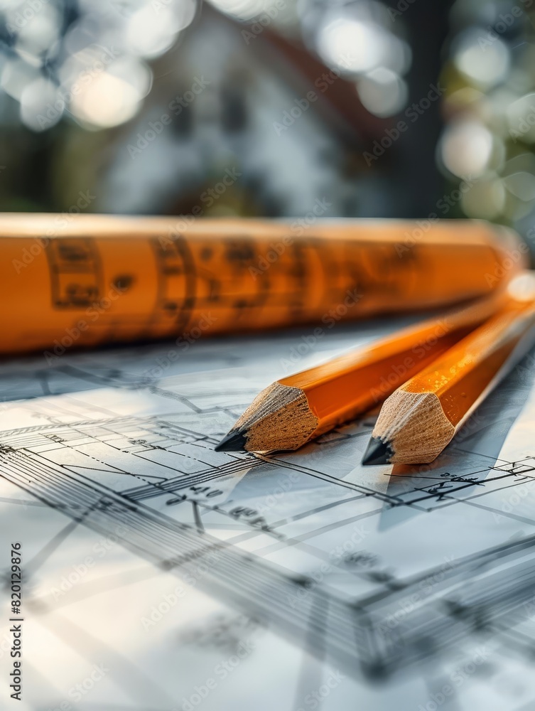 A set of blueprints are on a wooden table with two sharpened pencils laying on top. The background is blurry and shows a house. A set of blueprints are on a wooden table with two sharpened pencils laying on top. The background is blurry and shows a house.