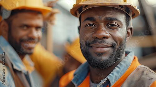 Close-up portrait of a smiling construction worker in crew style with helmet and uniform standing on a construction site