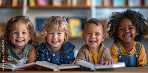 Happy children sitting together in kindergarten, reading books