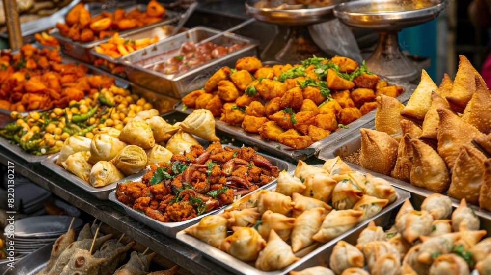 Vibrant assortment of Indian street food snacks, including samosas, pakoras, and chaat, displayed on a market stall. Vibrant assortment of Indian street food snacks, including samosas, pakoras, and chaat, displayed on a market stall.