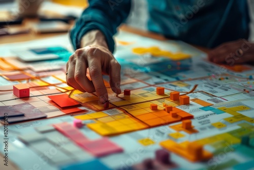 A hand moves a red block on a colorful board game.