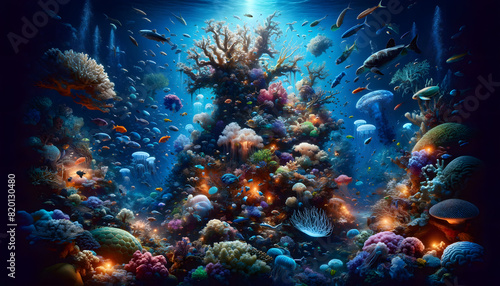 Vibrant Coral Reef Teeming with Colorful Marine Life in Underwater Wonderland © DesignByGade