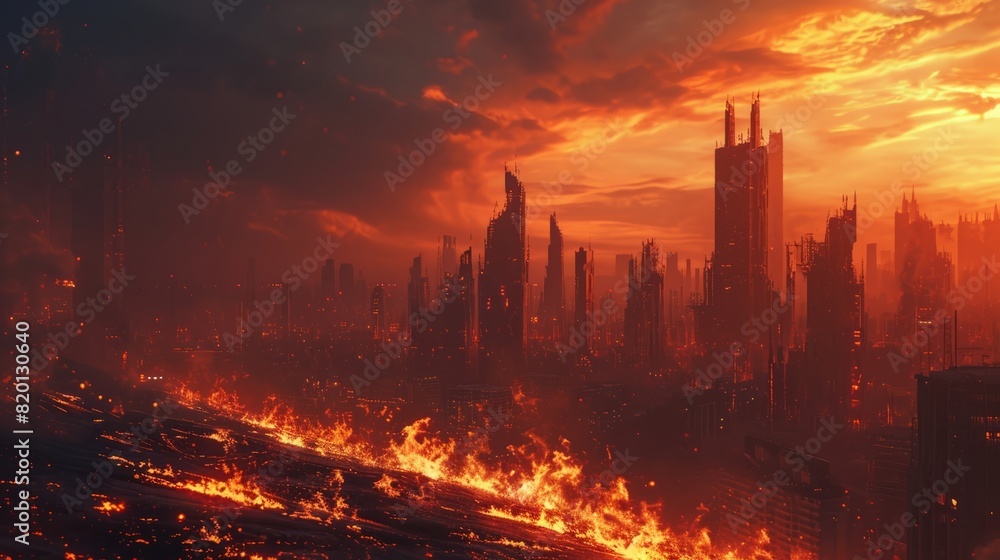 Fototapeta premium Big fire burning in the city at night.