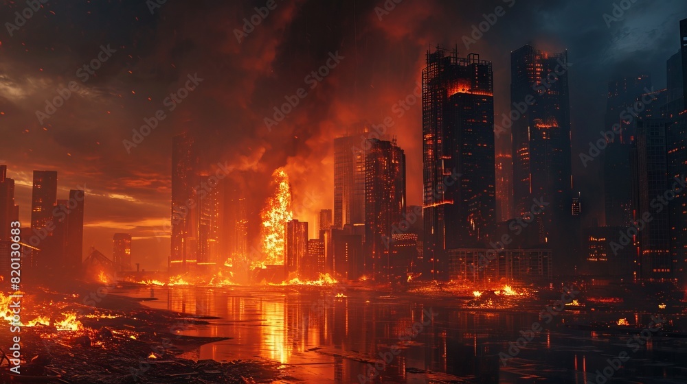 Obraz premium Big fire burning in the city at night.