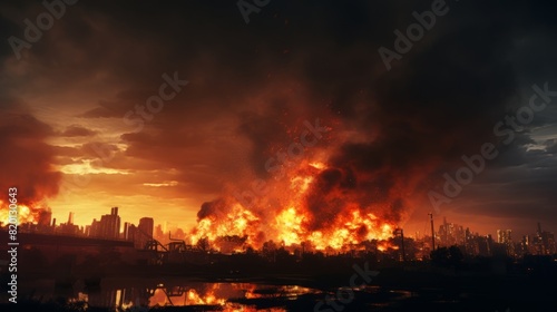 Big fire burning in the city at night.