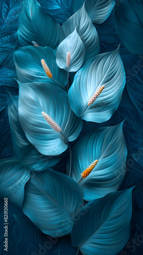A collection of electric blue flowers with blue petals and leaves set against a dark blue background. The floral pattern resembles marine biology art, painted with fluid strokes © Oleksandra
