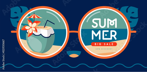 Retro flat summer big sale poster with round sunglasses silhouette and pina colada cocktail. Vector illustration