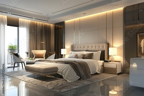 Luxury Suite. Modern Bedroom Suite in Hotel with Elegant Furniture and Bright Lighting