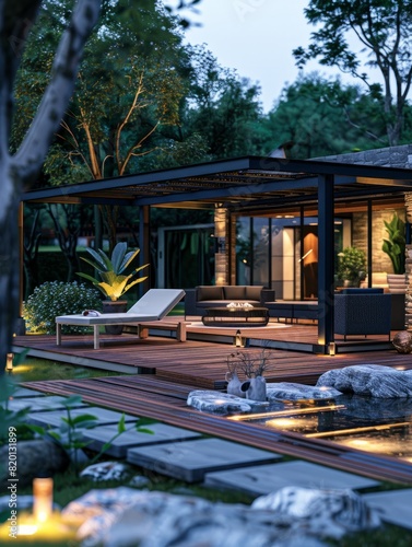 Interior design of a lavish side outside garden at morning  with a teak hardwood deck and a black pergola. Scene in the evening with couches and lounge chairs by the pool generative ai
