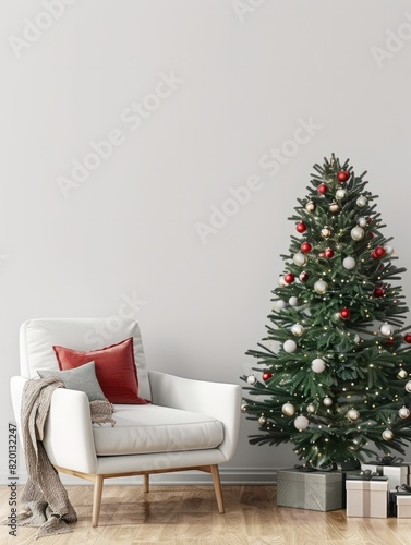 Living room interior wall mock up with white armchari and decorated christmas tree on empty white background.