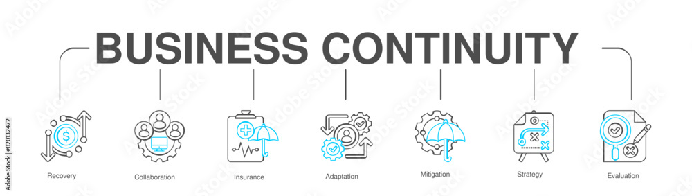 Business Continuity banner web icon vector illustration - combination of color lines
concept with icon of Recovery, Collaboration, Insurance,
Adaptation, Mitigation, Strategy, Evaluation Business Continuity banner web icon vector illustration - combination of color lines
concept with icon of Recovery, Collaboration, Insurance,
Adaptation, Mitigation, Strategy, Evaluation